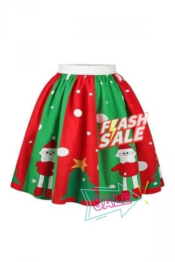 Womens Santa And Christmas Tree Printed Pleated Skirt Green