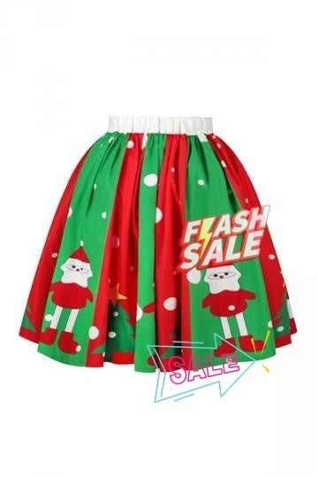 Womens Santa And Christmas Tree Printed Pleated Skirt Green