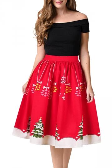 Womens Christmas Tree Print Skirt Red