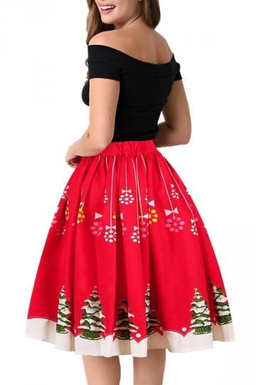 Womens Christmas Tree Print Skirt Red