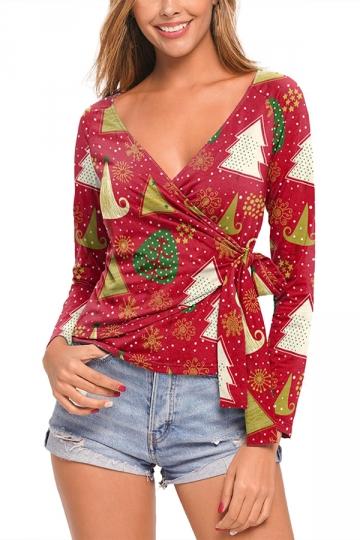 Wrap Long Sleeve Christmas Tree Blouse Ruby