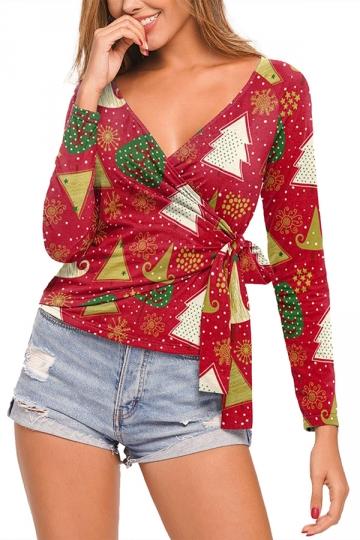 Wrap Long Sleeve Christmas Tree Blouse Ruby