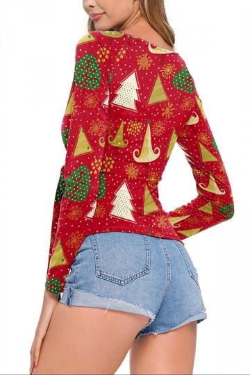 Wrap Long Sleeve Christmas Tree Blouse Ruby