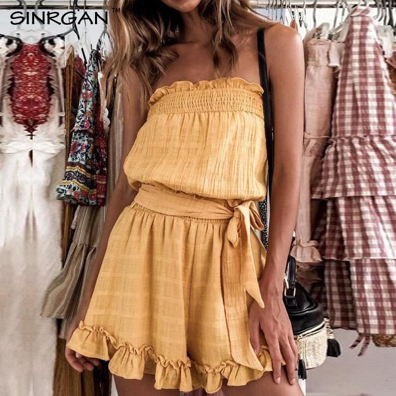 Yellow Elastic Waist Summer Sexy off Shoulder Rompers