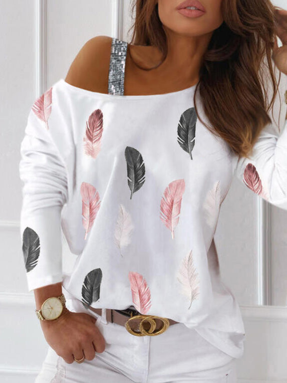 Women's T-Shirts Feather Print Long Sleeve Off-Shoulder T-Shirt