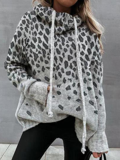 Women's Sweaters Leopard Print Pocket Drawstring Sweater