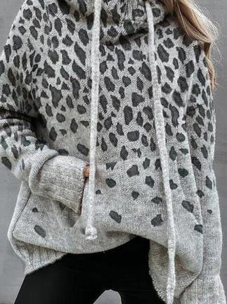 Women's Sweaters Leopard Print Pocket Drawstring Sweater