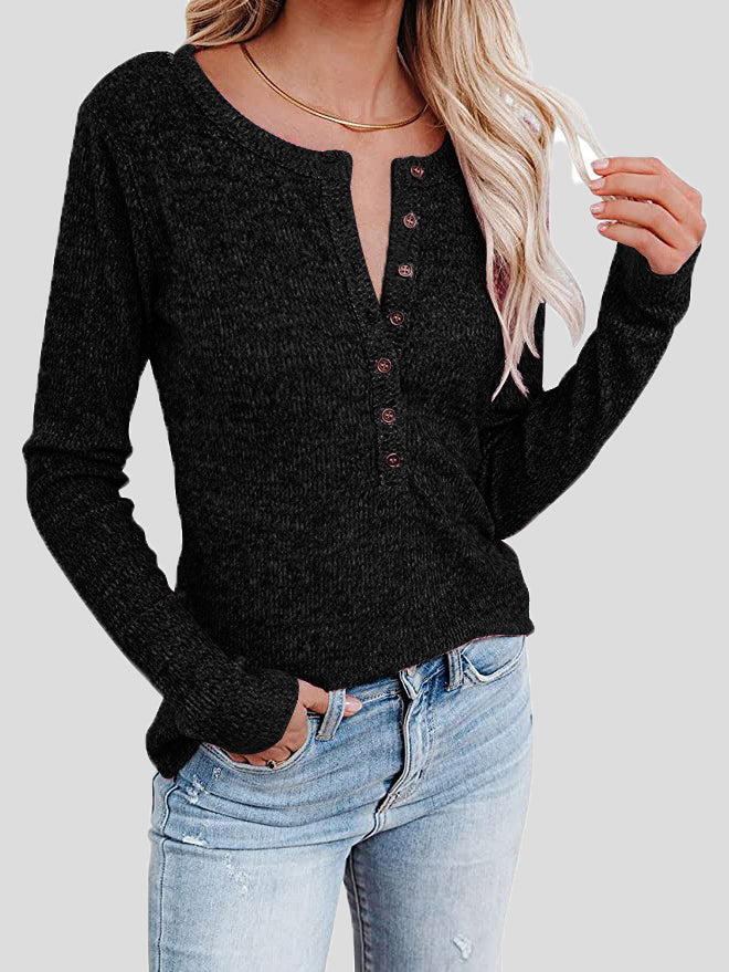 Women's T-Shirts Casual Round Neck Button Long Sleeve T-Shirt