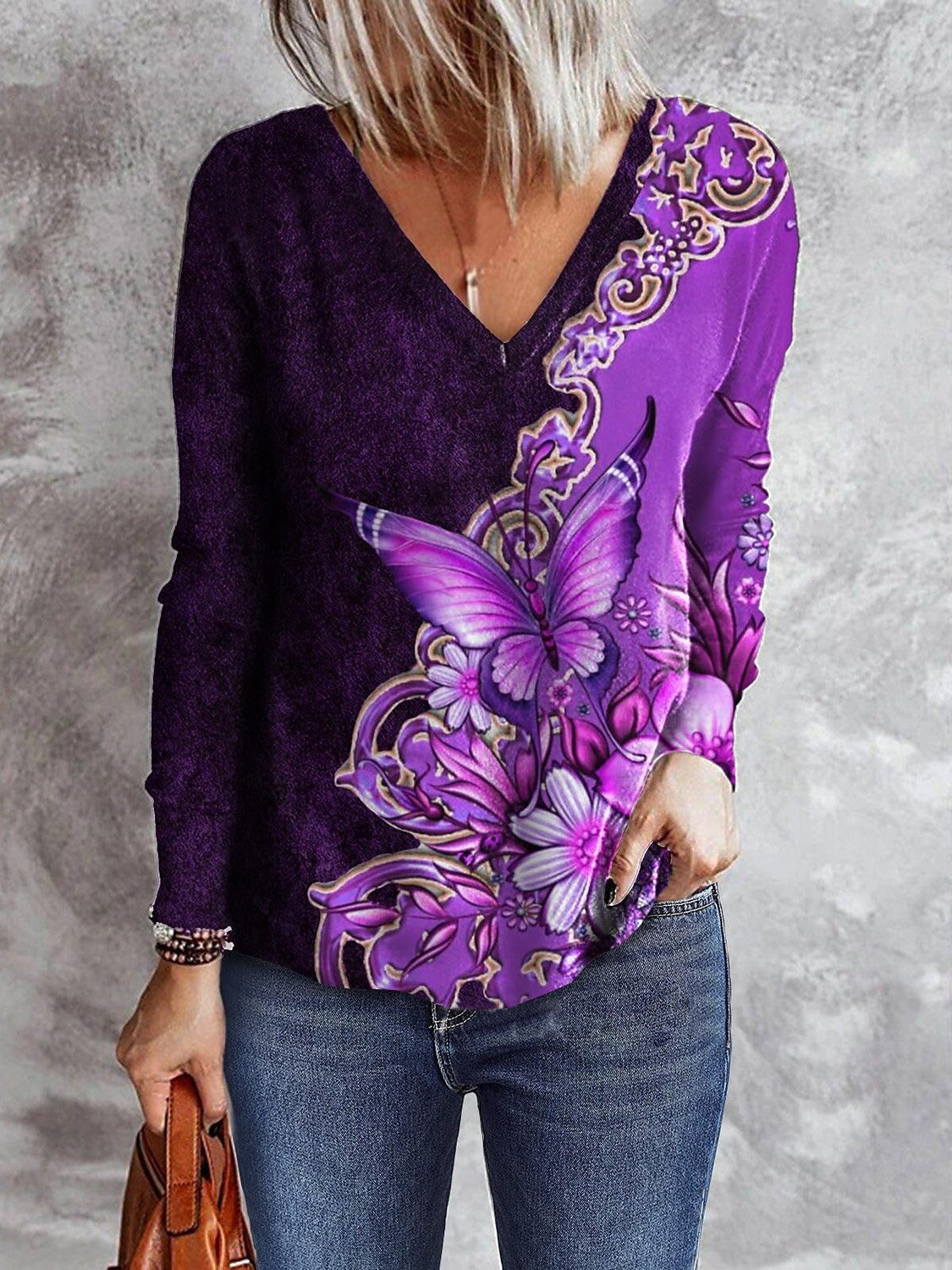 Women's T-Shirts Butterfly Print V-Neck Long Sleeve T-Shirt