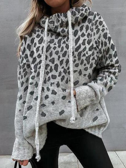 Women's Sweaters Leopard Print Pocket Drawstring Sweater