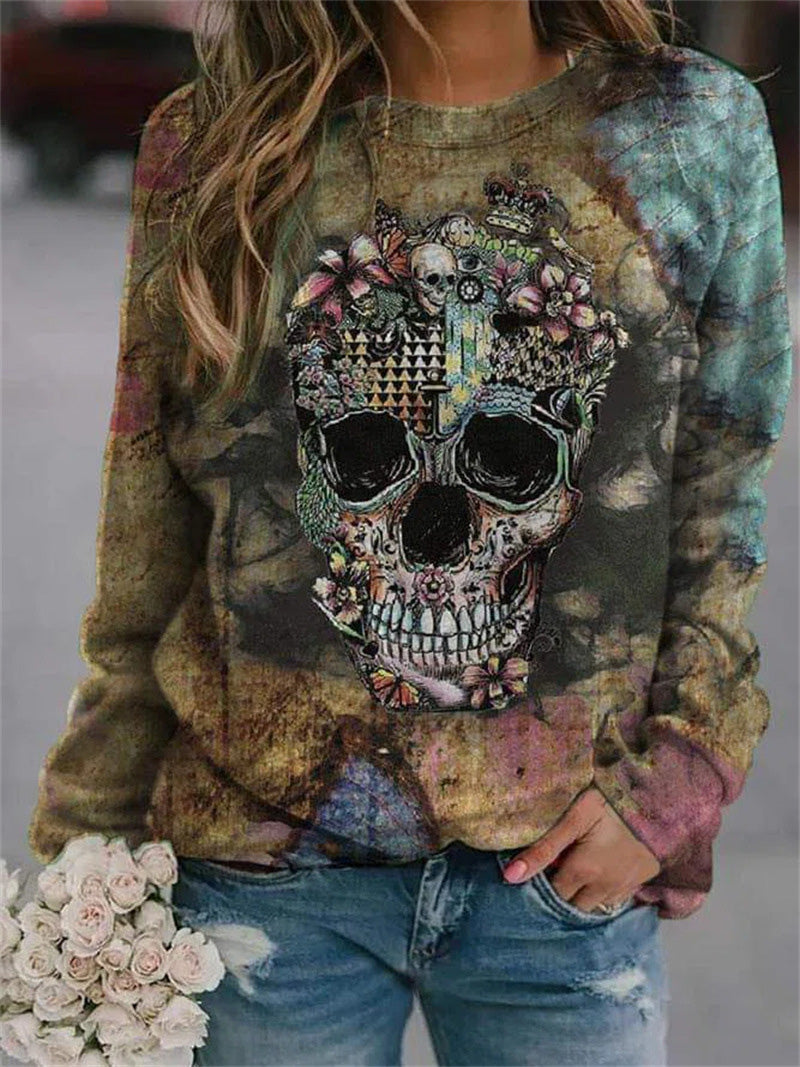 Women's T-Shirts Skull Print Round Neck Long Sleeve T-Shirt