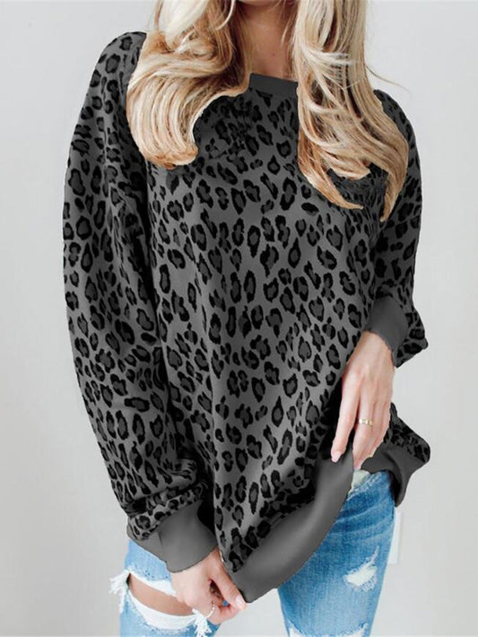 Women's T-Shirts Loose Leopard Print Round Neck Long Sleeve T-Shirt