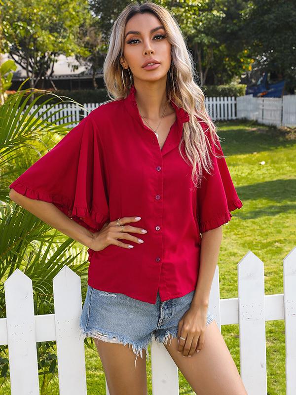 Women's Solid Color Ruffle Short Sleeve Shirt