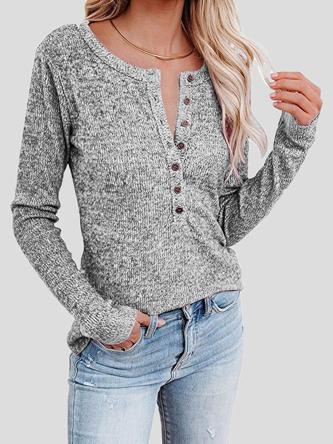 Women's T-Shirts Casual Round Neck Button Long Sleeve T-Shirt