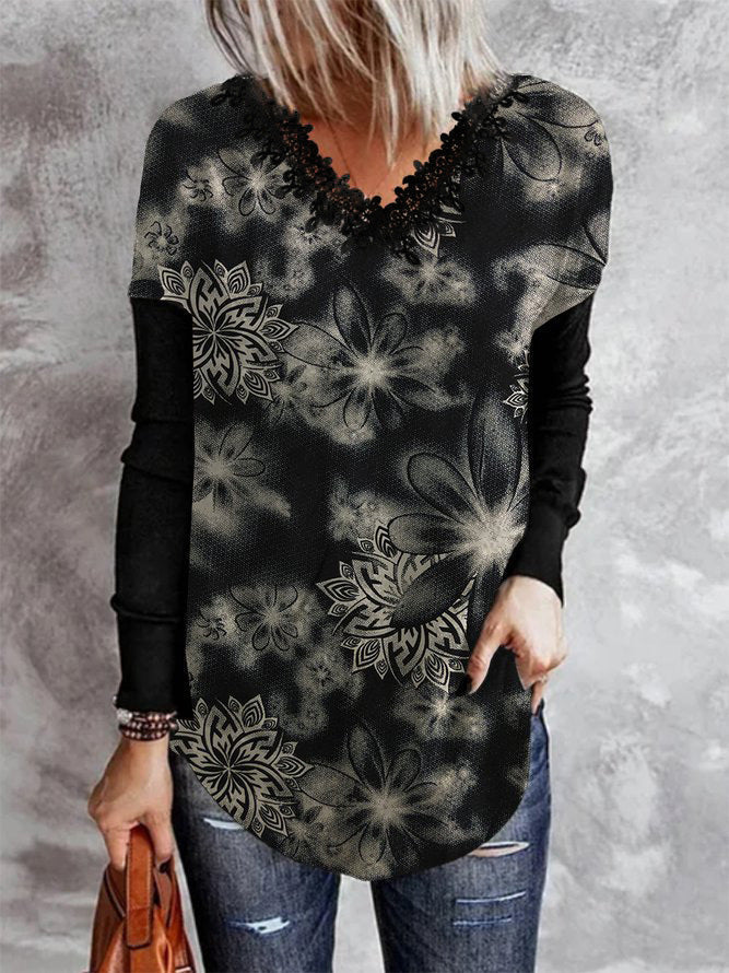 Women's T-Shirts Printed V-Neck Lace Long Sleeve T-Shirt