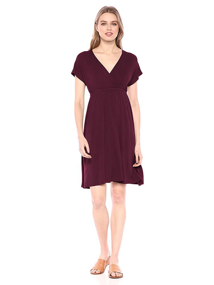 Women's V Neck Solid Form-fitting Midi Dress