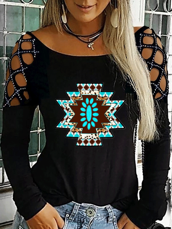 Women's T-Shirts Hot Rhinestone Hollow Retro Print Long Sleeve T-Shirt