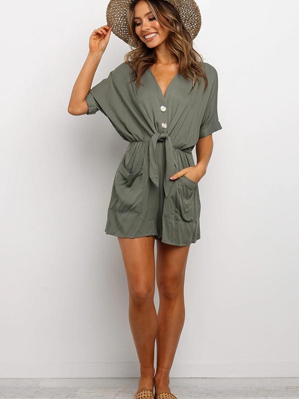 Women's V Neck Loose Single-Breasted Romper