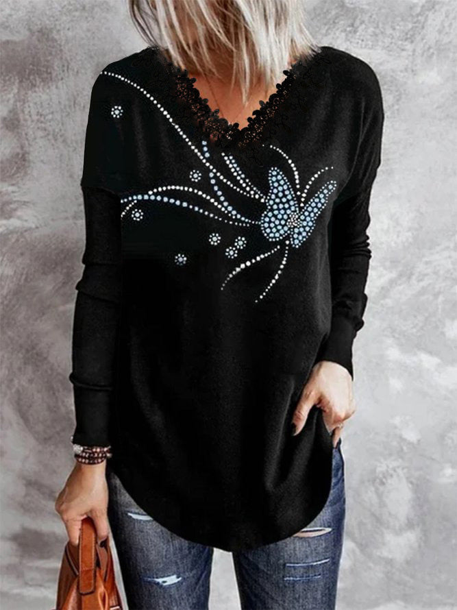 Women's T-Shirts Printed V-Neck Lace Long Sleeve T-Shirt