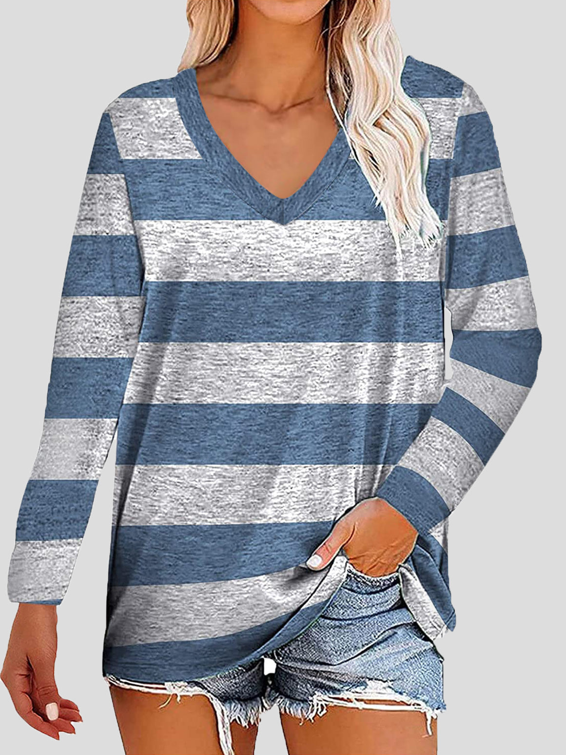 Women's T-Shirts Striped Printed V-Neck Long Sleeve T-Shirts