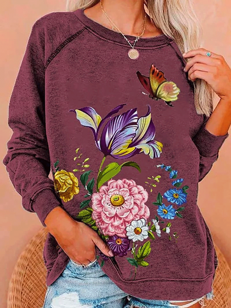 Women's T-Shirts Flower Butterfly Round Neck Long Sleeve T-Shirt