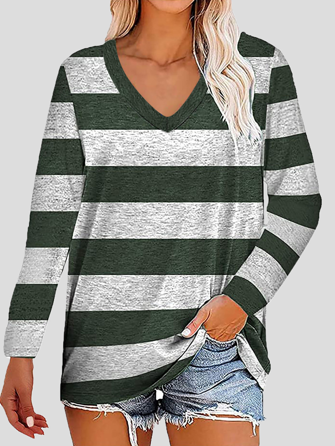 Women's T-Shirts Striped Printed V-Neck Long Sleeve T-Shirts