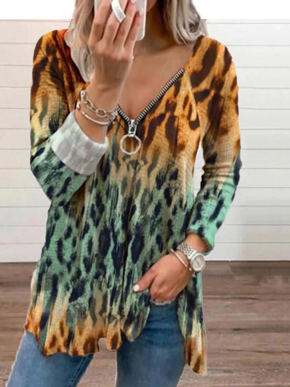 Women's T-Shirts Leopard Print V-Neck Zipper Long Sleeve T-Shirt