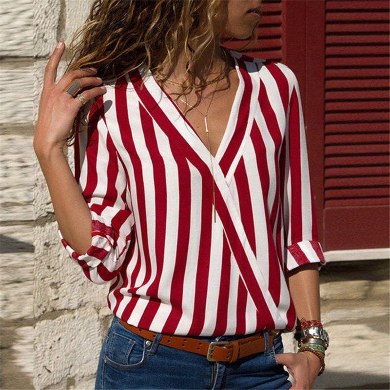 Women's Tops Loose V-neck Striped Long Sleeve Casual Bottom Down Blouse