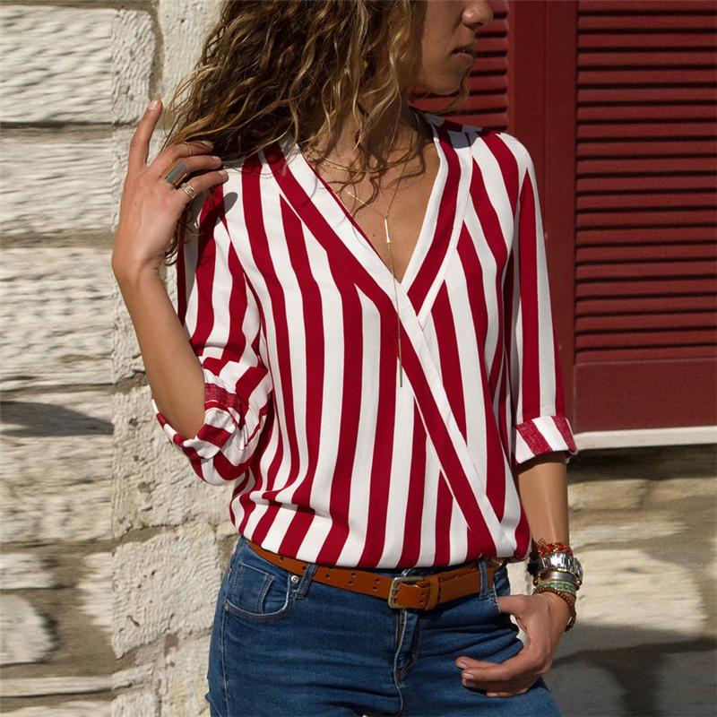 Women's Tops Loose V-neck Striped Long Sleeve Casual Bottom Down Blouse