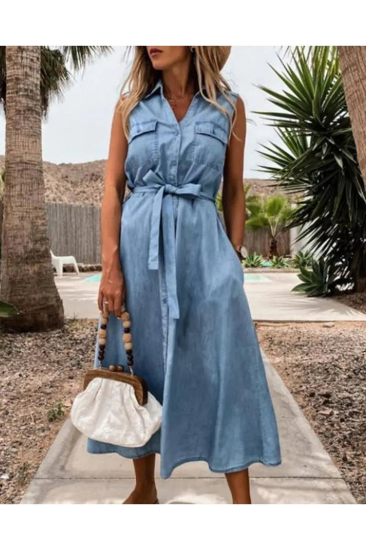 Women's Sleeveless Button Front Belted Denim Midi Dress With Pockets