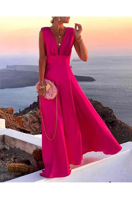 Women's Sleeveless Deep V Neck High Waist A Line Maxi Dress