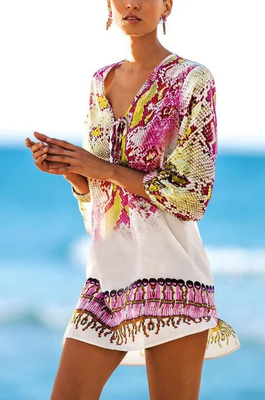 Women's Snakeskin Print 3/4 Sleeve Tie Knot V Neck Beach Dress