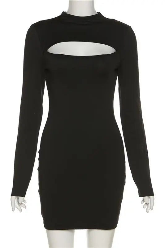 Women's Solid Cut-out Long Sleeves Sexy Knit Short Stretchy Skinny Dresses