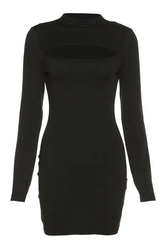 Women's Solid Cut-out Long Sleeves Sexy Knit Short Stretchy Skinny Dresses