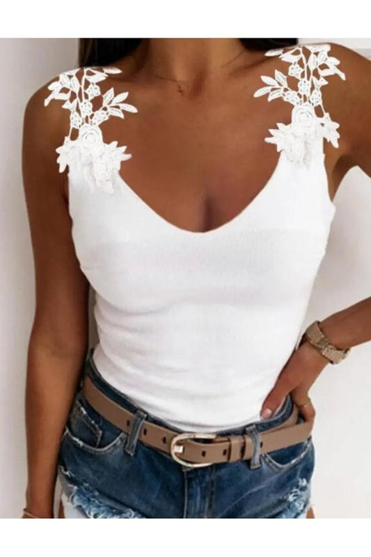 Women's Solid Embroidery Lace Tank Top V Neck Skinny Tops