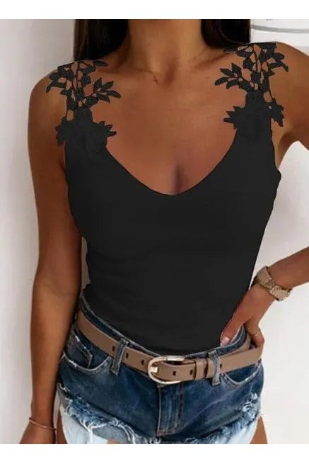 Women's Solid Embroidery Lace Tank Top V Neck Skinny Tops