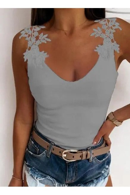 Women's Solid Embroidery Lace Tank Top V Neck Skinny Tops