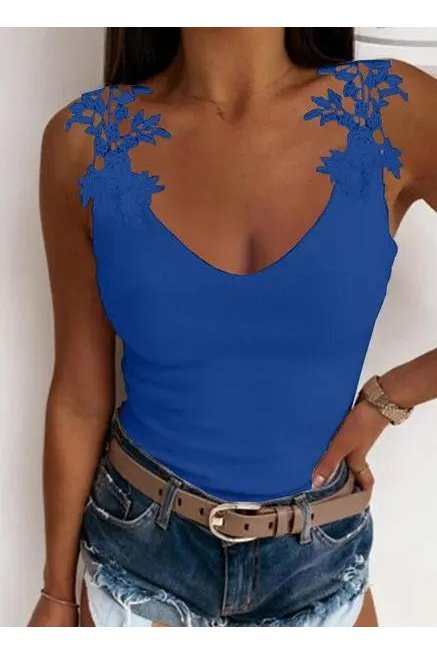 Women's Solid Embroidery Lace Tank Top V Neck Skinny Tops