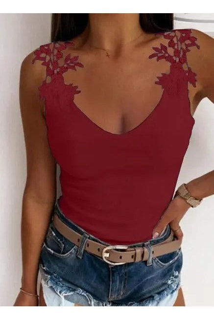 Women's Solid Embroidery Lace Tank Top V Neck Skinny Tops