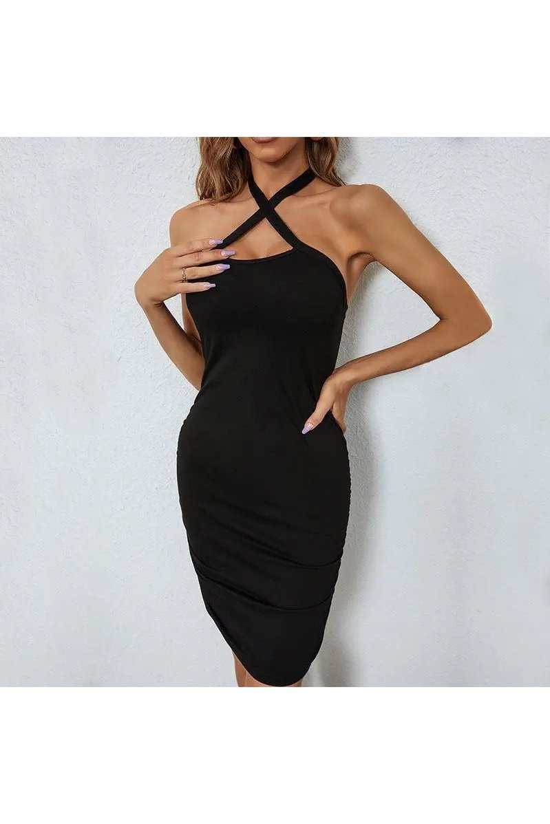 Women's Solid Halter Neck Skinny Backless Bodycon Party Mini Dresses