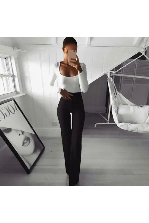 Women's Solid High Waist Long Bottoms Flared Trousers Casual Pants