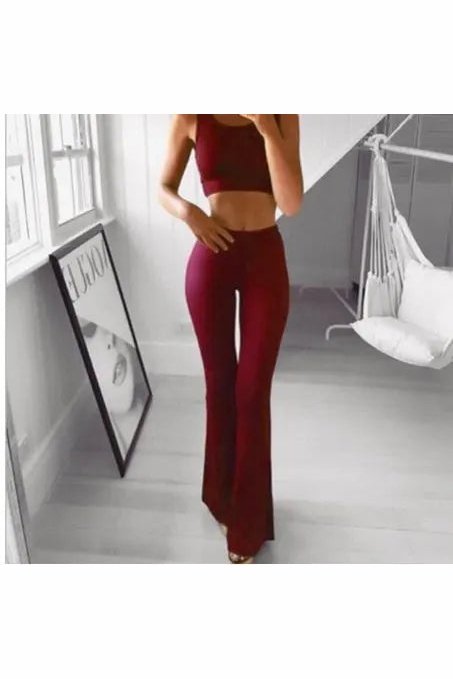 Women's Solid High Waist Long Bottoms Flared Trousers Casual Pants