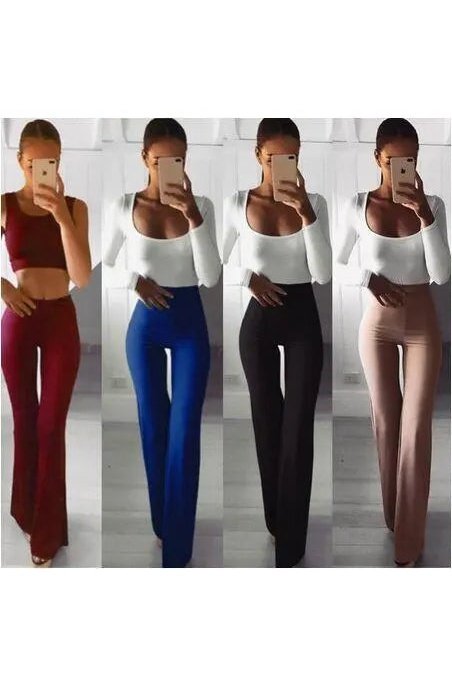 Women's Solid High Waist Long Bottoms Flared Trousers Casual Pants