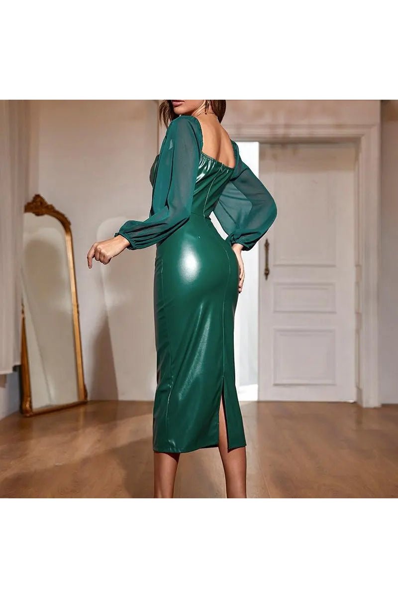 Women's Solid Long Sleeves Mesh PU Sexy Square Neck Dresses