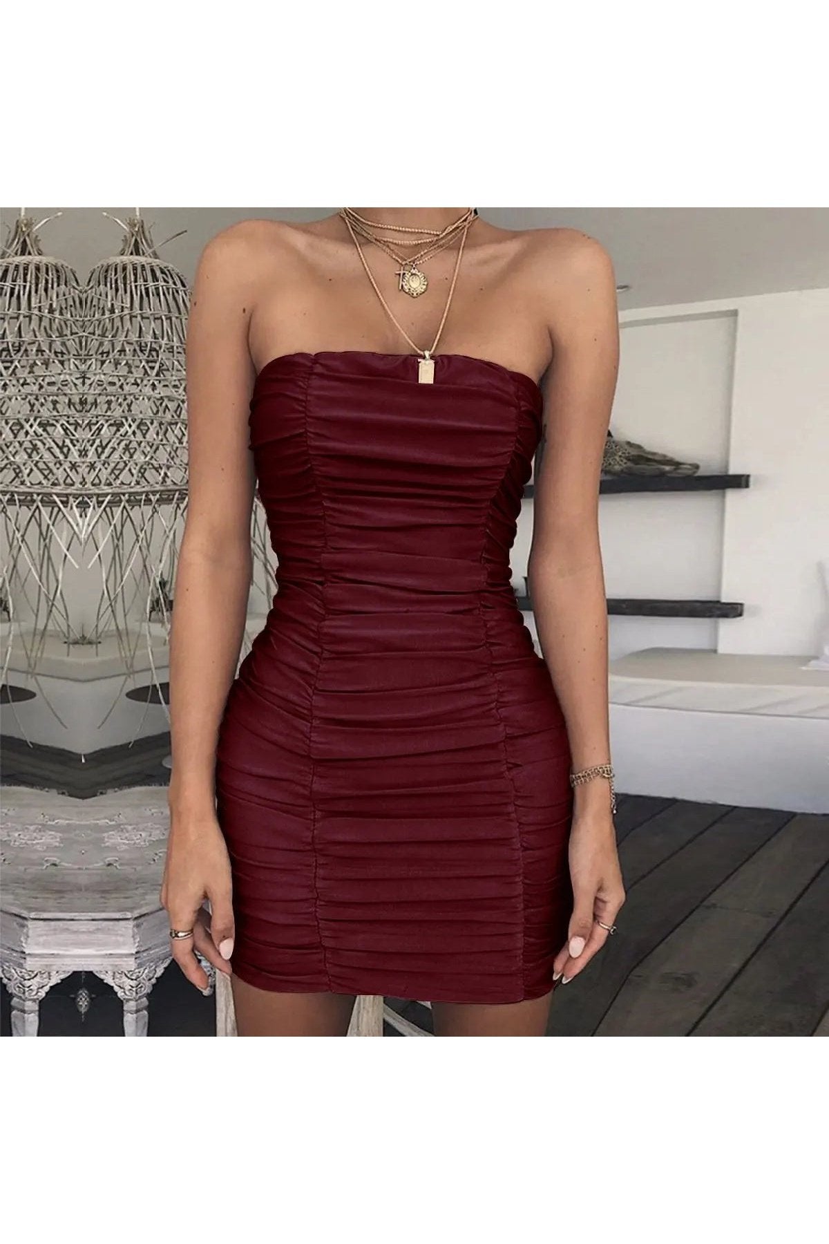 Women's Solid Off Shoulder Bodycon Pleats Party Mini Dresses