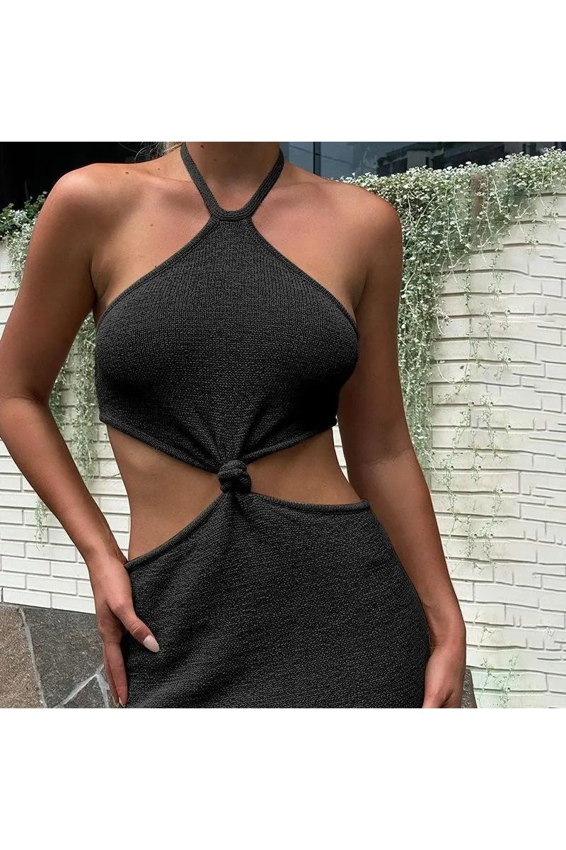 Women's Solid Twist Halter Neck Cut Out Beach Skinny Dresses