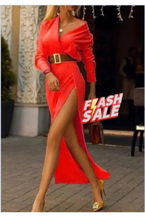 Women's Solid V Neck Sexy Party Long Sleeves Slit Dresses