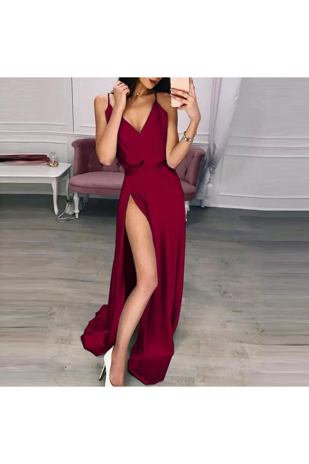 Women's Spaghetti Strap  V Neck Split Party Maxi Cami Dress