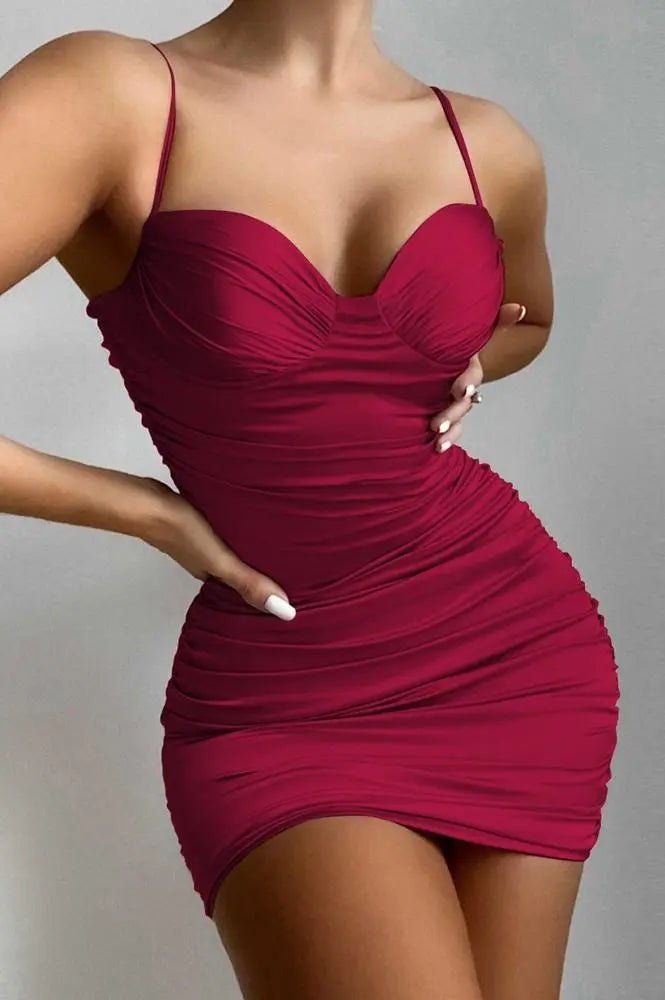 Women's Spaghetti Strap Bustier Ruched Cami Bodycon Dress