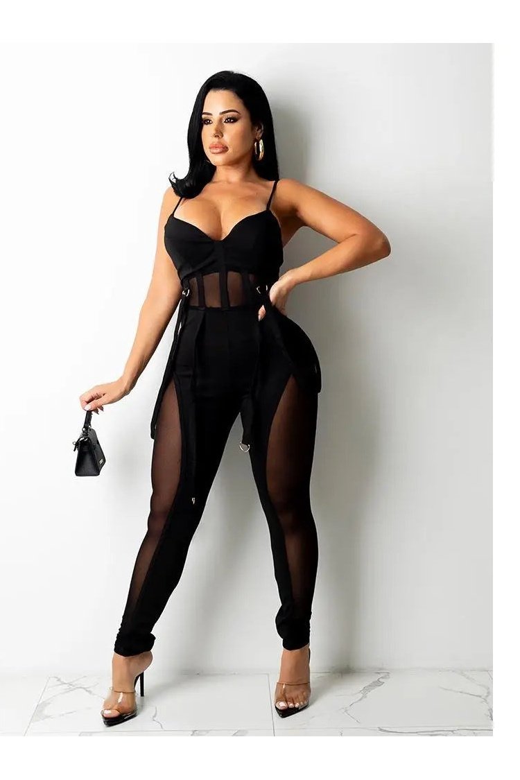 Women's Spaghetti Strap Mesh Bustier Cami Bodycon Jumpsuit